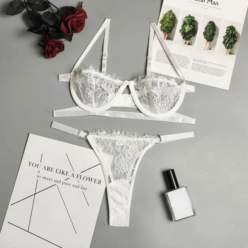 Sexy Lingerie Woman Lace Transparent Underwear Fairy Embroidery Brief Sets Delicate Bra Kit Push Up Breves Sets Thin Erotic Bras-THAT FASHION STORE