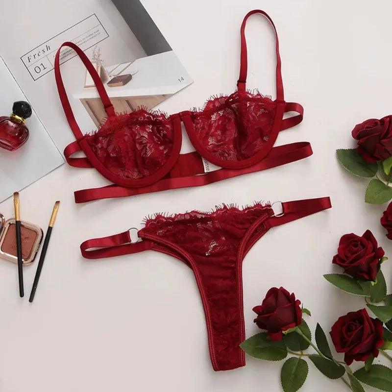 Sexy Lingerie Woman Lace Transparent Underwear Fairy Embroidery Brief Sets Delicate Bra Kit Push Up Breves Sets Thin Erotic Bras-THAT FASHION STORE