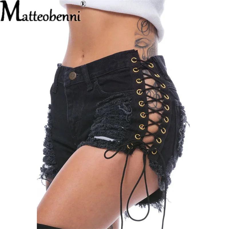 Sexy Ripped Tassel Jeans Streetwear High Waist Straight Denim Shorts 2022 Summer New Women Lace-Up Hole Hollow Out Jean Shorts-THAT FASHION STORE