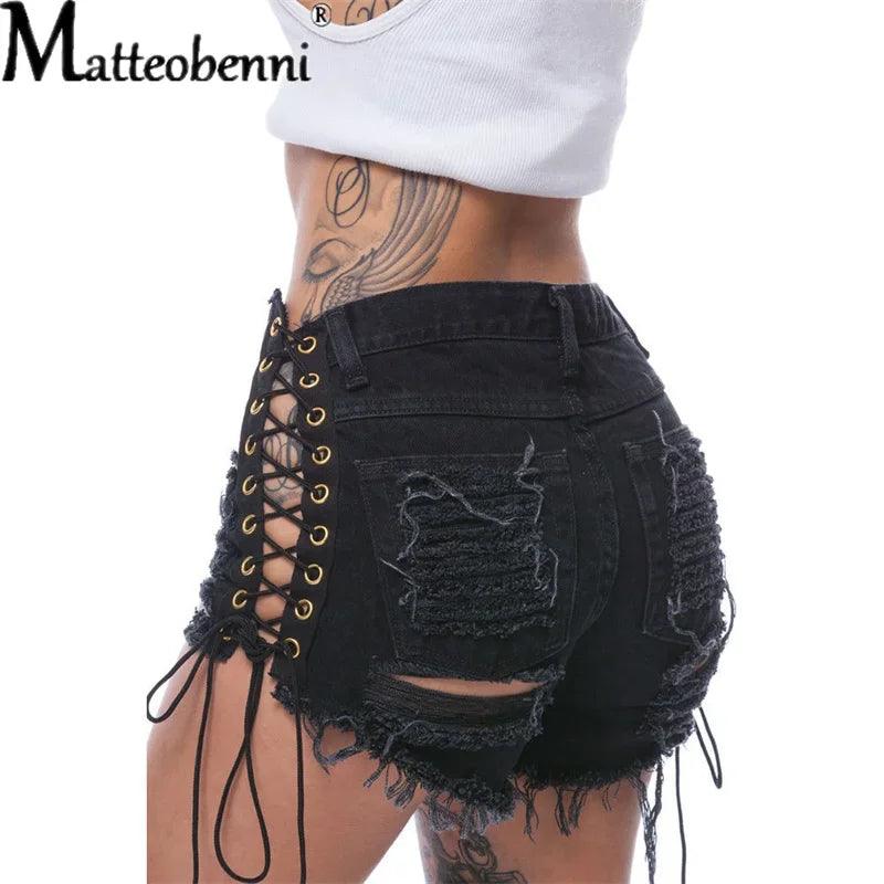 Sexy Ripped Tassel Jeans Streetwear High Waist Straight Denim Shorts 2022 Summer New Women Lace-Up Hole Hollow Out Jean Shorts-THAT FASHION STORE