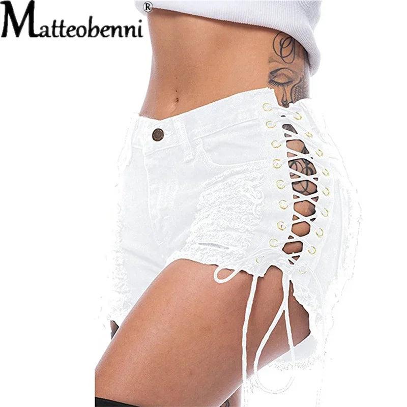 Sexy Ripped Tassel Jeans Streetwear High Waist Straight Denim Shorts 2022 Summer New Women Lace-Up Hole Hollow Out Jean Shorts-THAT FASHION STORE