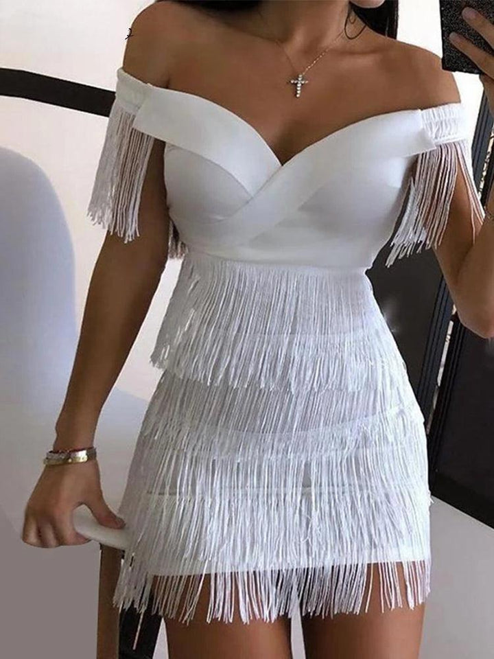 Sexy Sleeveless Bodycon Dress Women White Off Shoulder Tassel Female Short Dresses 2023 Summer Party Club Bandage-THAT FASHION STORE