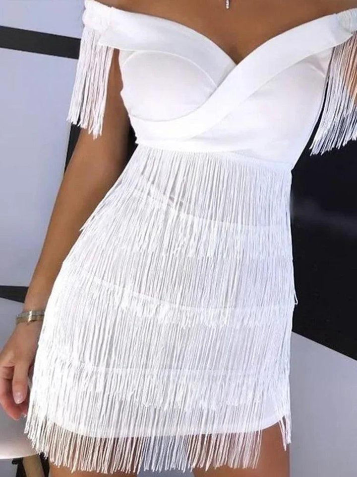 Sexy Sleeveless Bodycon Dress Women White Off Shoulder Tassel Female Short Dresses 2023 Summer Party Club Bandage-THAT FASHION STORE