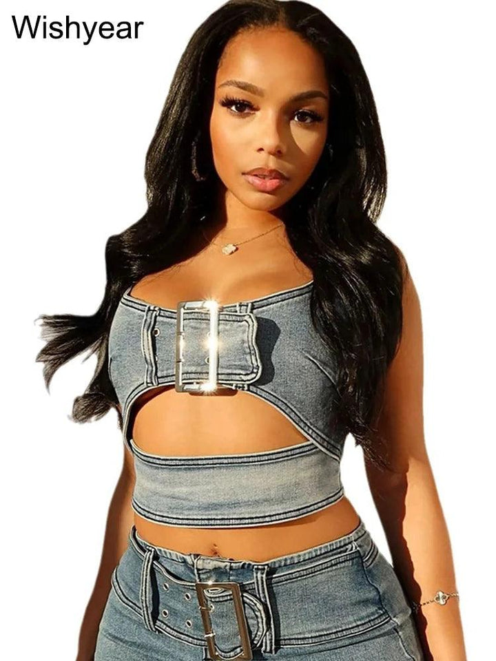 Sexy Stretch Denim Two Piece Set Women Sexy Buckle Spaghetti Straps Hollow Out Camisole Crop Tops Bodycon Mini Skirts Jeans Suit-THAT FASHION STORE