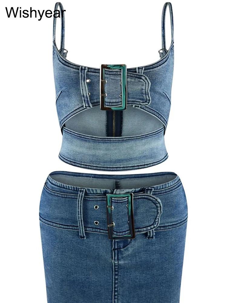 Sexy Stretch Denim Two Piece Set Women Sexy Buckle Spaghetti Straps Hollow Out Camisole Crop Tops Bodycon Mini Skirts Jeans Suit-THAT FASHION STORE