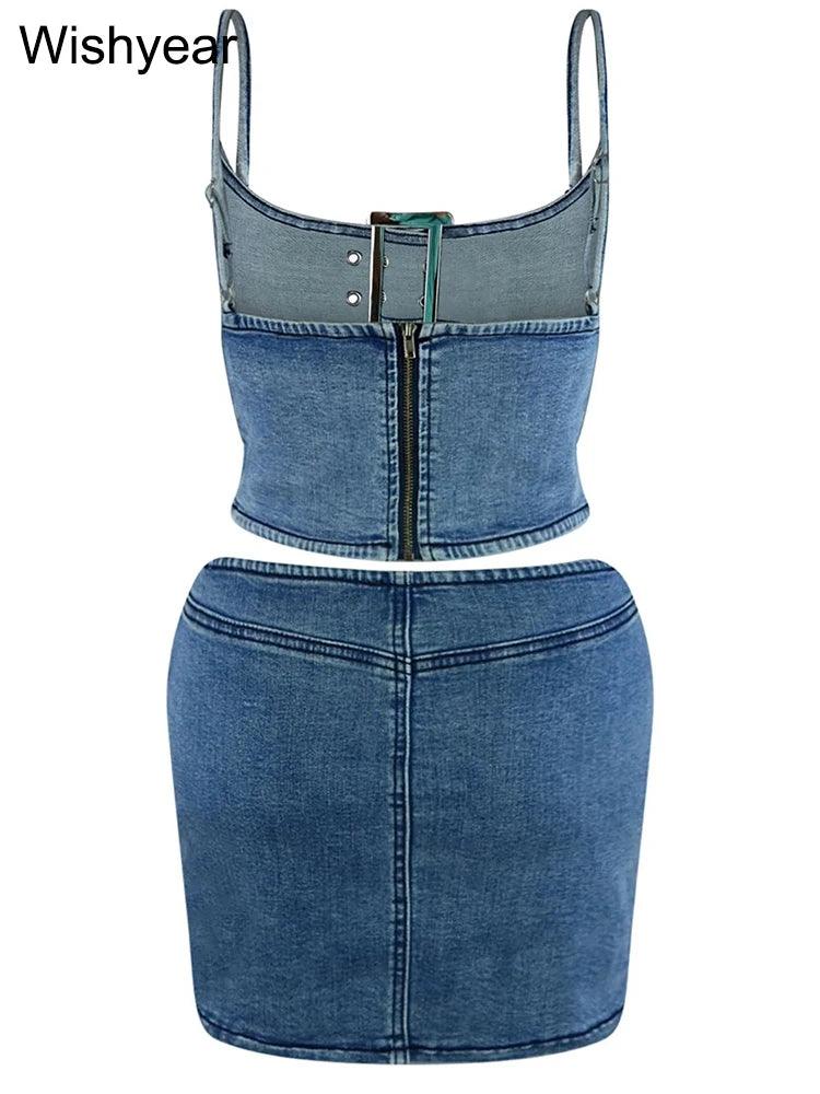 Sexy Stretch Denim Two Piece Set Women Sexy Buckle Spaghetti Straps Hollow Out Camisole Crop Tops Bodycon Mini Skirts Jeans Suit-THAT FASHION STORE