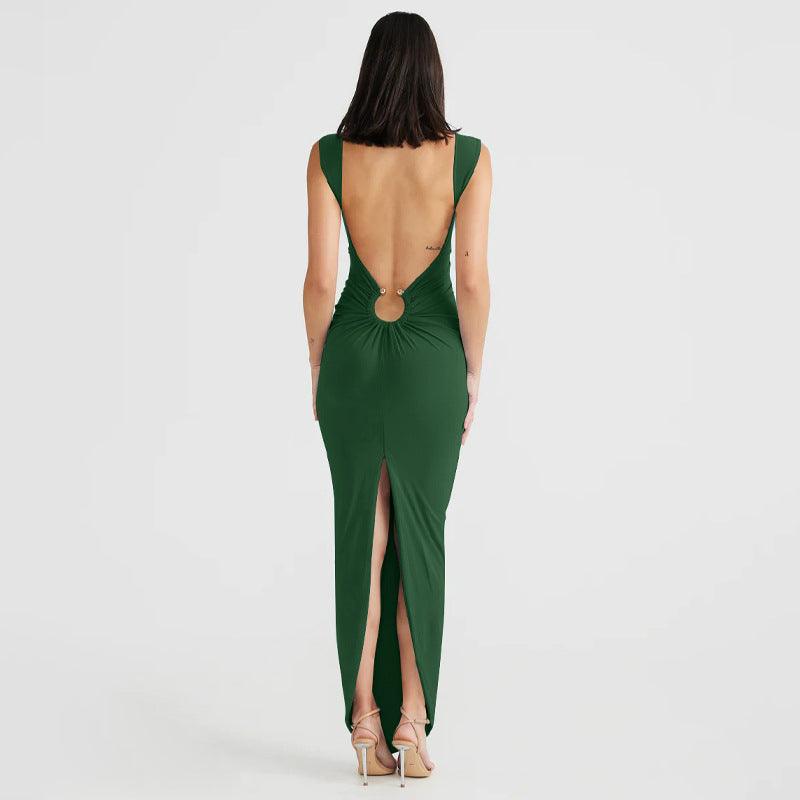 Sexy V-neck Backless Slit Slim Fit Dress-THAT FASHION STORE