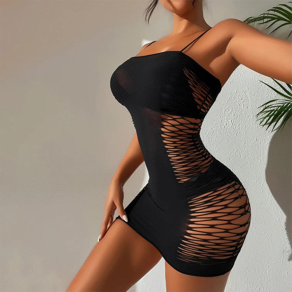 Sexy Women's Dress Bodycon Clothes Spaghetti Strap Dress Hollow Out Mesh See Through Mini Dress Party Club Nightwear Black-THAT FASHION STORE