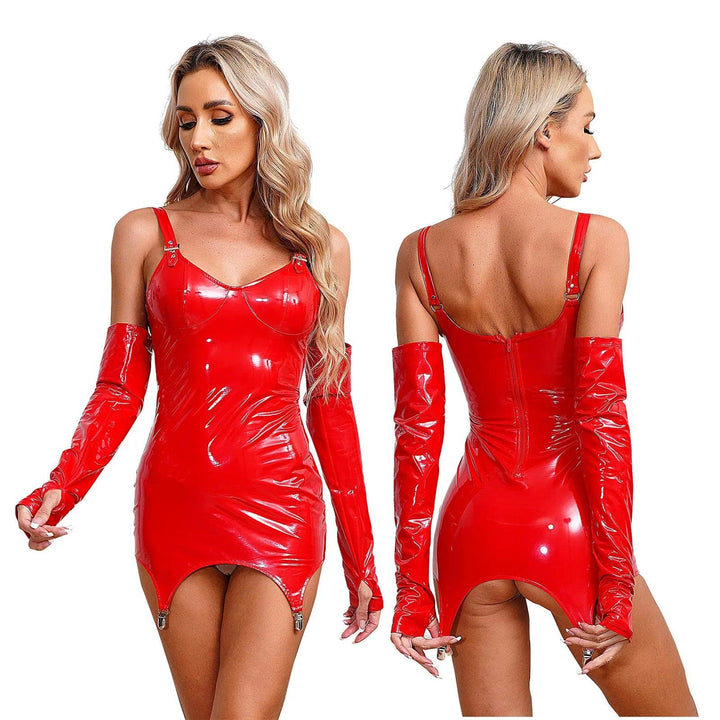 Sexy Women's Patent Leather Bodycon Dress Wet Look Adjustable Straps Mini Dresses with Garter Clips Rave Party Clubwear-THAT FASHION STORE