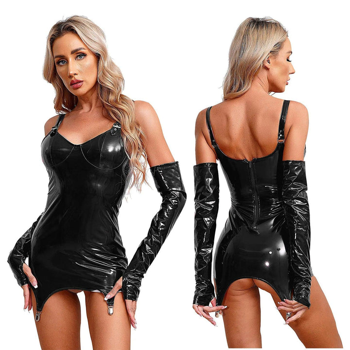 Sexy Women's Patent Leather Bodycon Dress Wet Look Adjustable Straps Mini Dresses with Garter Clips Rave Party Clubwear-THAT FASHION STORE