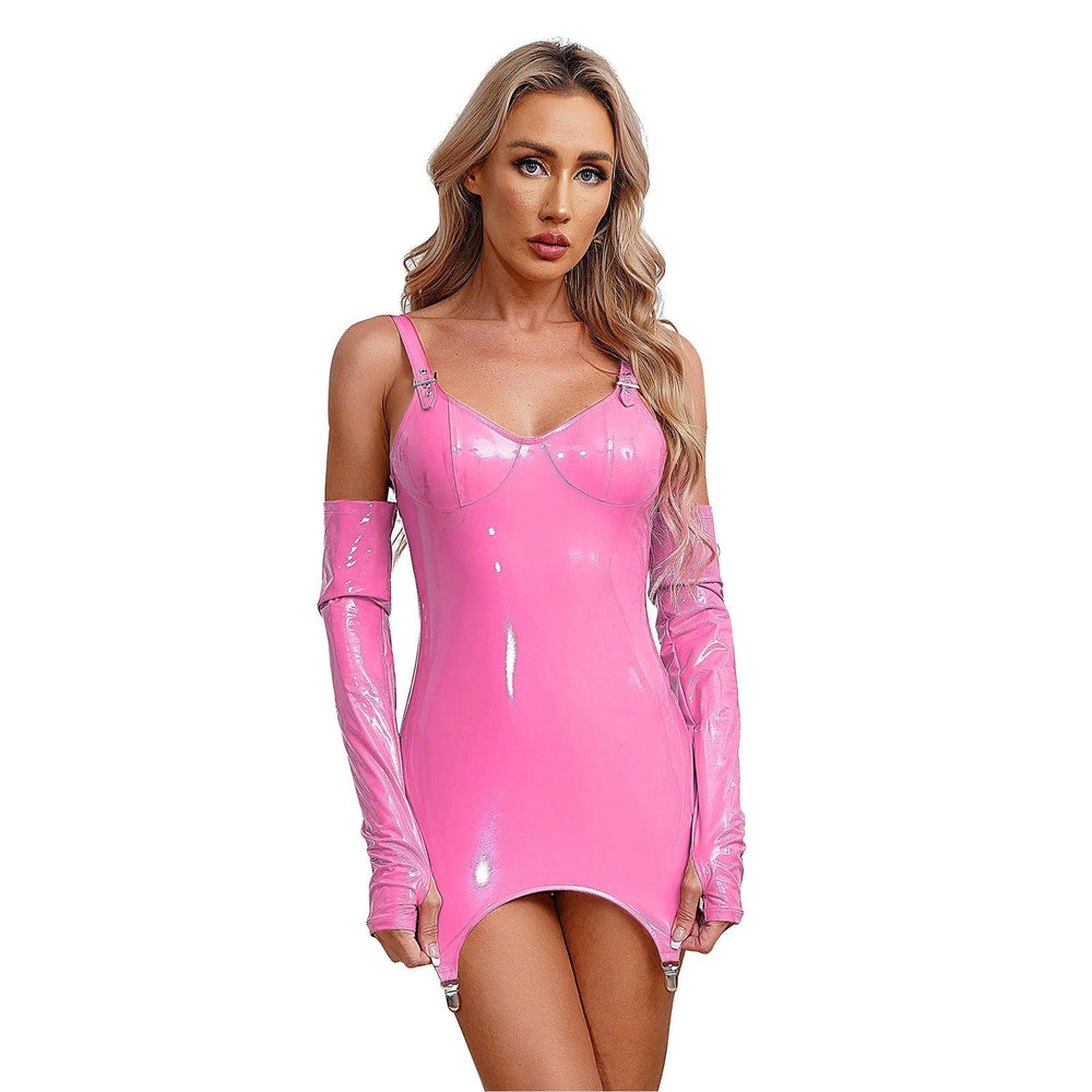 Sexy Women's Patent Leather Bodycon Dress Wet Look Adjustable Straps Mini Dresses with Garter Clips Rave Party Clubwear-THAT FASHION STORE