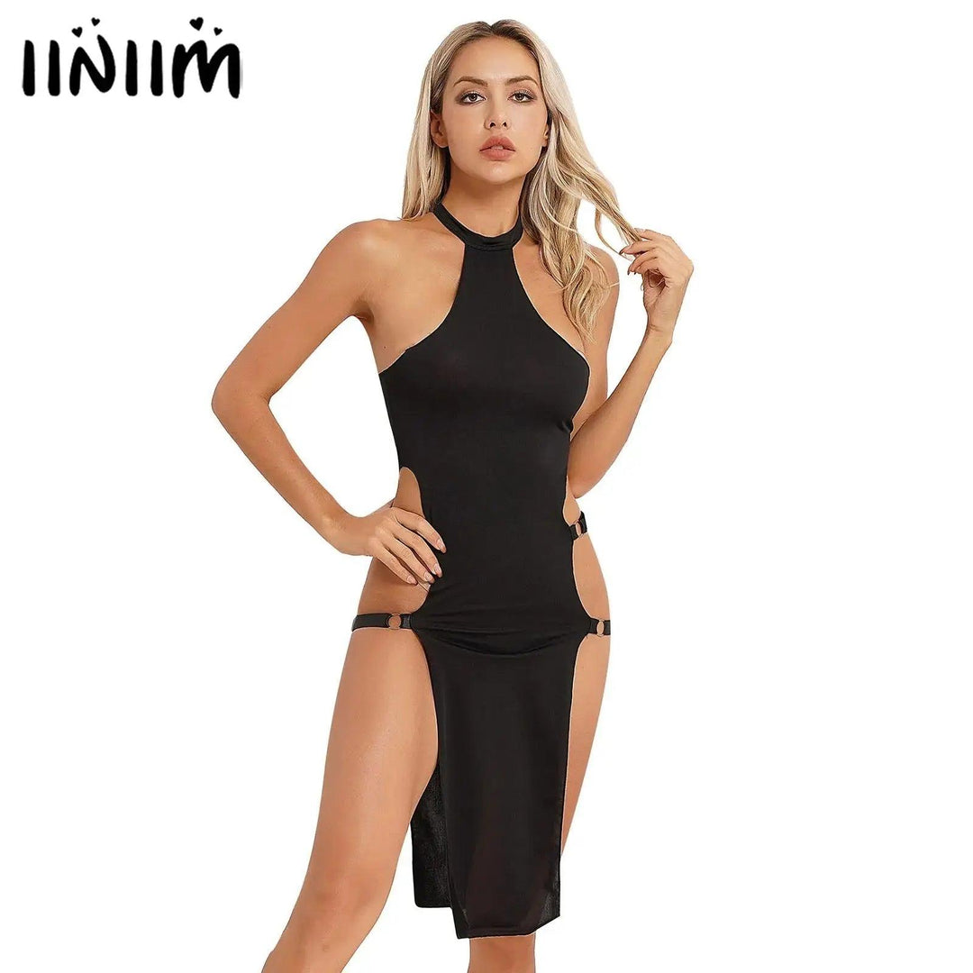 Sexy Womens Solid Color Adjustable Strappy Dresses Lingerie Sides Split High Cut Sleeveless Bodycon Dress Cosplay Party Clubwear-THAT FASHION STORE