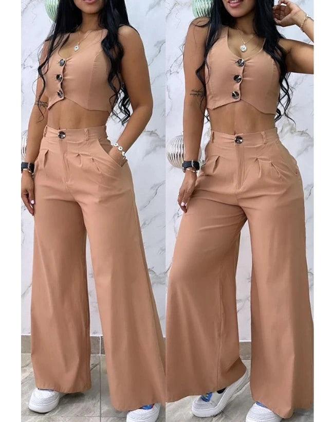 Sexy Womens Two Piece Sets Outfit Buttoned Vest Coat & Wide Leg Pants Set New Fashion 2023 Casual Elegant Female Suit-THAT FASHION STORE