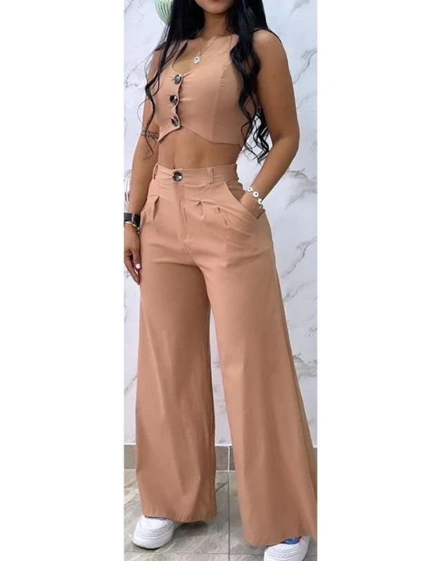 Sexy Womens Two Piece Sets Outfit Buttoned Vest Coat & Wide Leg Pants Set New Fashion 2023 Casual Elegant Female Suit-THAT FASHION STORE