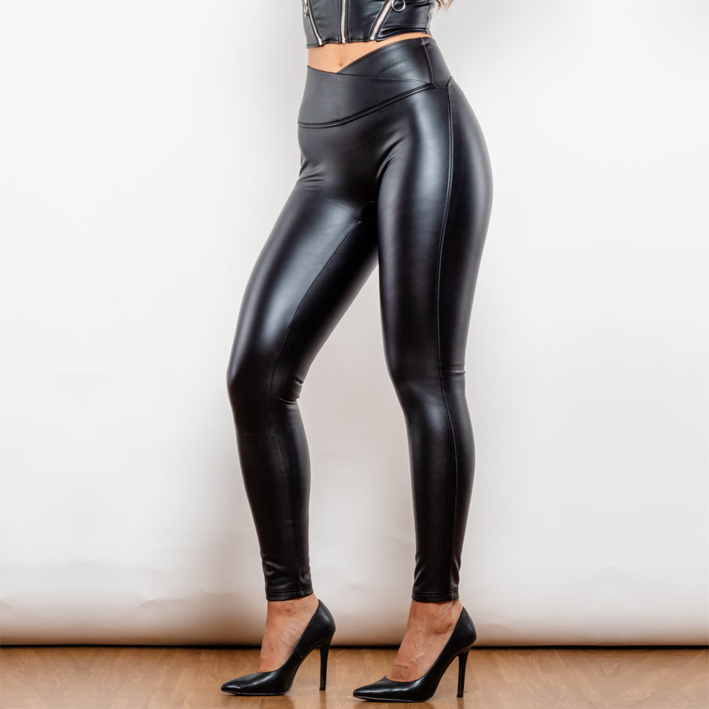 Shascullfites Melody X Cross Matt Black High Waist Leather V Shape Leggings Vegan Leather Leggings Women's Pants-THAT FASHION STORE