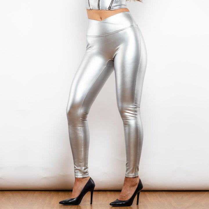 Shascullfites Melody X Cross Silver High Waist Leather V Shape Leggings Metallic Leggings Sexy Woman Clothing-THAT FASHION STORE