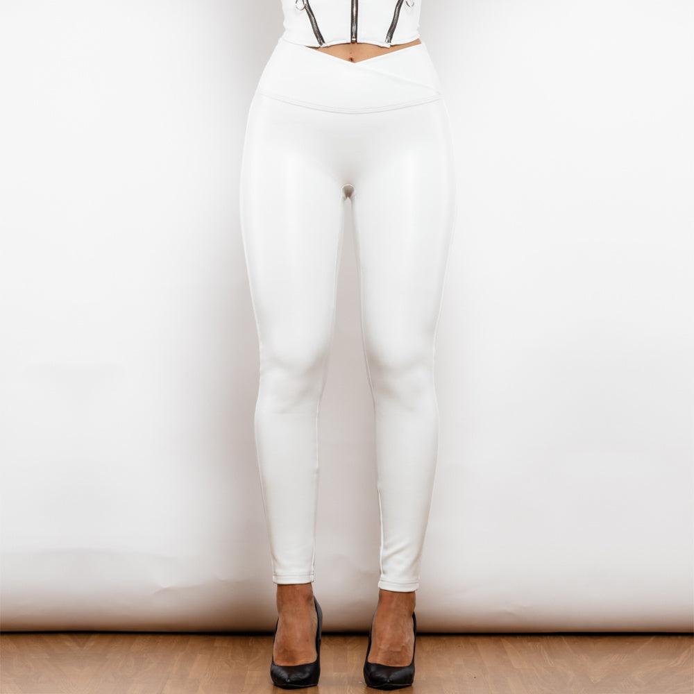 Shascullfites Melody X Cross Solid White High Waist Leather V Shape Leggings Leather Pants X Cross Pants Leather Leggings-THAT FASHION STORE