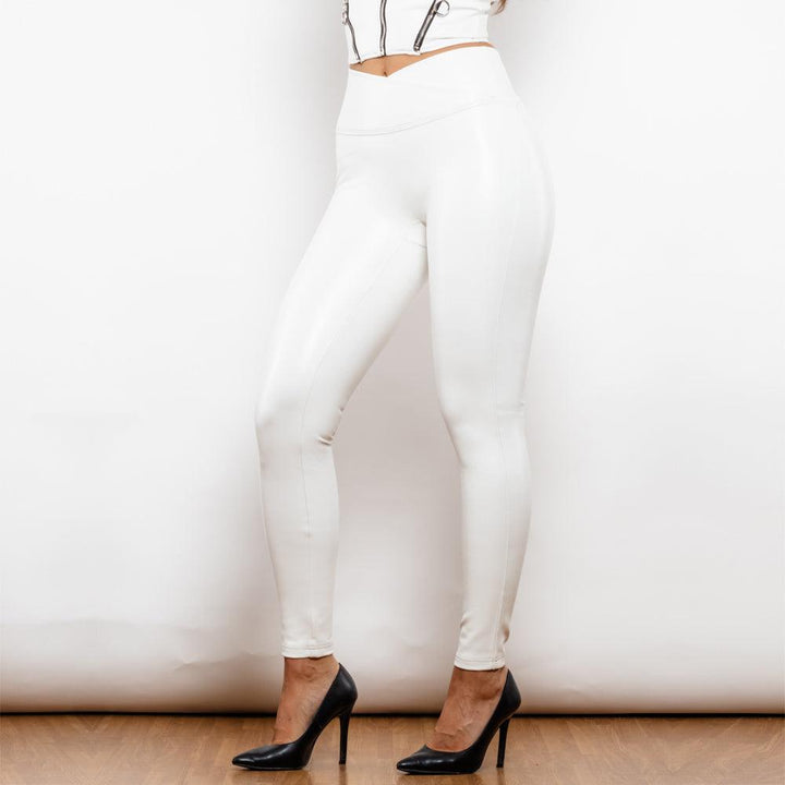 Shascullfites Melody X Cross Solid White High Waist Leather V Shape Leggings Leather Pants X Cross Pants Leather Leggings-THAT FASHION STORE