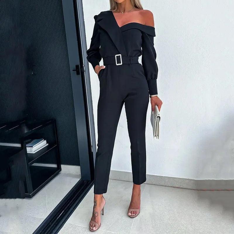 Shoulder Collar Cinched Waist Slim-fit Solid Color Straight Jumpsuit-THAT FASHION STORE