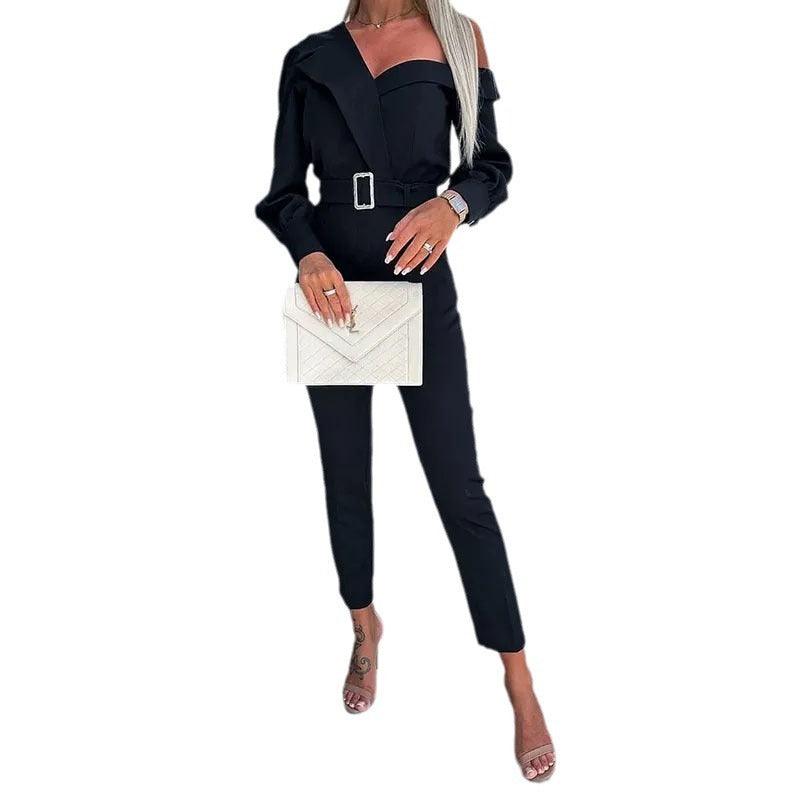 Shoulder Collar Cinched Waist Slim-fit Solid Color Straight Jumpsuit-THAT FASHION STORE