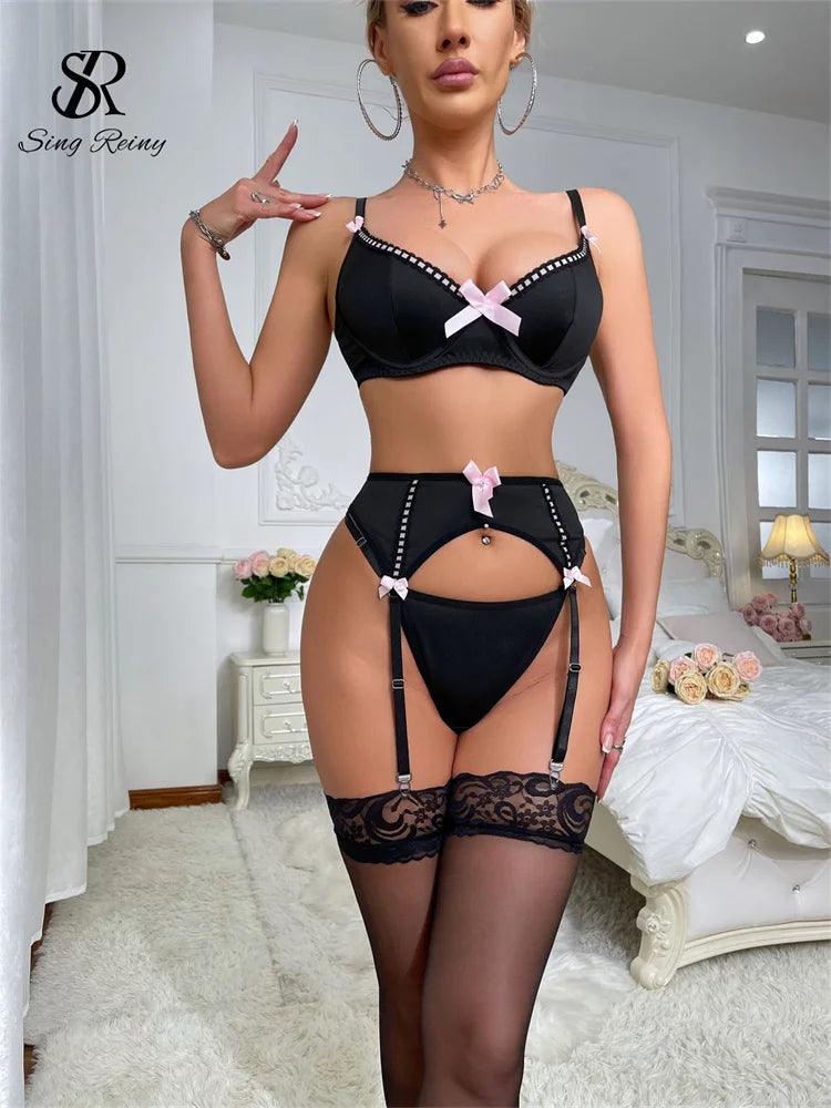 SINGREINY Female Bow Corset Sexy Bra&Brief Sets Strapless Garter Slim Club Sleepwear Fashion Sleeveless Sheath Underwear Suits-THAT FASHION STORE