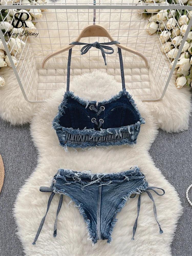 SINGREINY Retro Women Bikini Denim Suits Summer Halter Camis+ Mini Pant Lingerie Fashion Vacation Swimsuits Sexy Bra&Briefs Sets-THAT FASHION STORE