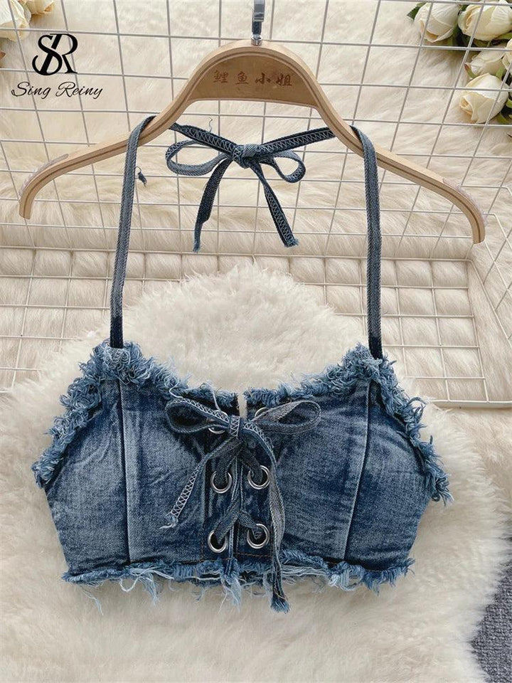 SINGREINY Retro Women Bikini Denim Suits Summer Halter Camis+ Mini Pant Lingerie Fashion Vacation Swimsuits Sexy Bra&Briefs Sets-THAT FASHION STORE