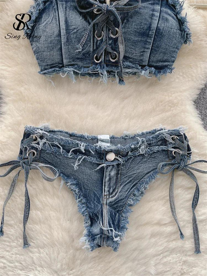 SINGREINY Retro Women Bikini Denim Suits Summer Halter Camis+ Mini Pant Lingerie Fashion Vacation Swimsuits Sexy Bra&Briefs Sets-THAT FASHION STORE