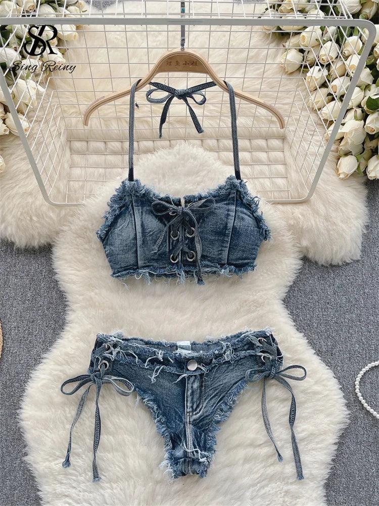 SINGREINY Retro Women Bikini Denim Suits Summer Halter Camis+ Mini Pant Lingerie Fashion Vacation Swimsuits Sexy Bra&Briefs Sets-THAT FASHION STORE