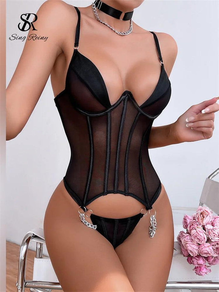 SINGREINY Sheer Sensual Corset Underwear Suits Strapless Camis Skinny Erotic Lingerie Lace Up Backless Women Sexy Bra Sets-THAT FASHION STORE