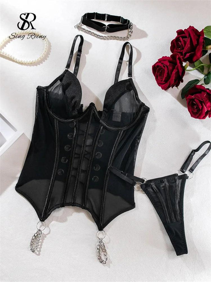 SINGREINY Sheer Sensual Corset Underwear Suits Strapless Camis Skinny Erotic Lingerie Lace Up Backless Women Sexy Bra Sets-THAT FASHION STORE