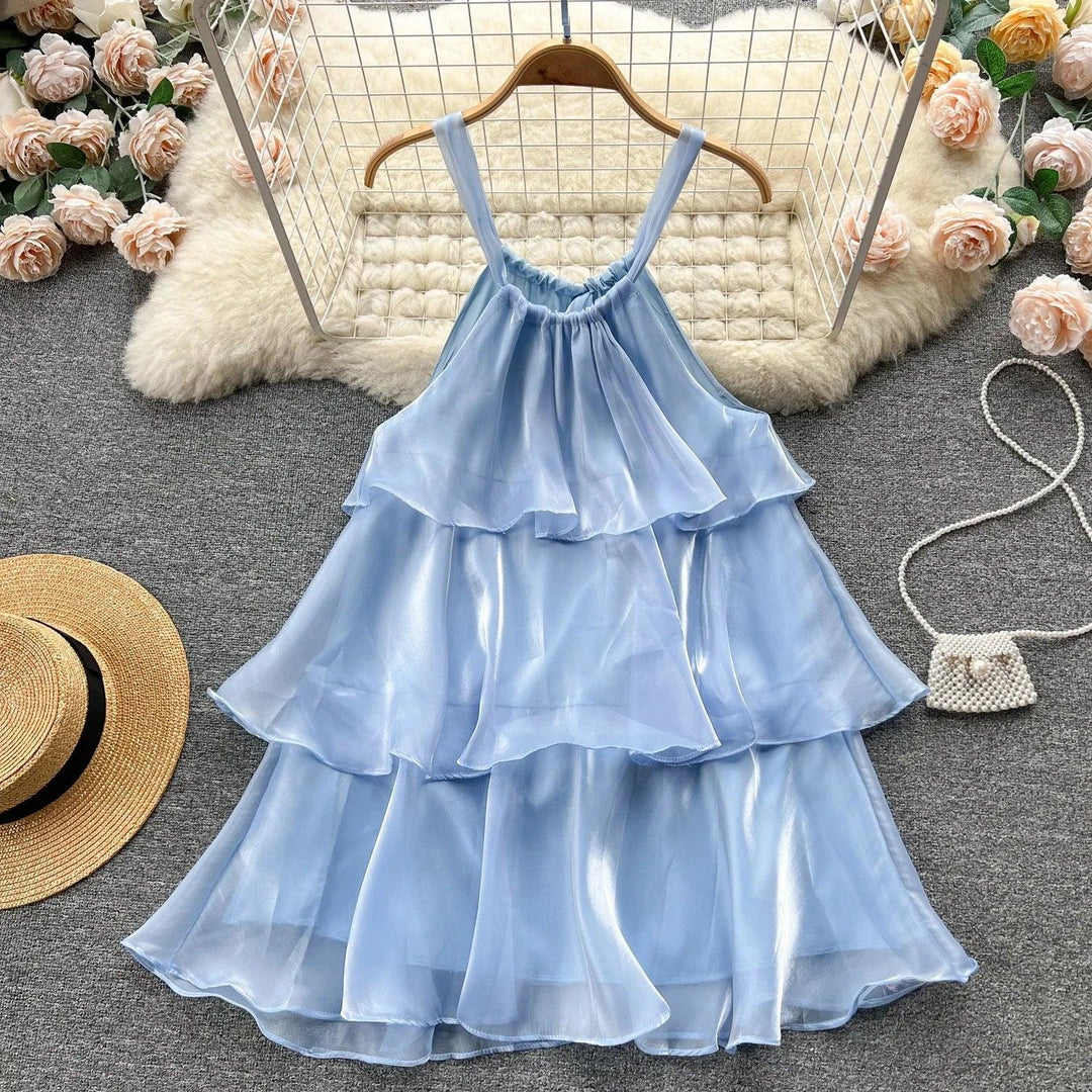 SKinny Mesh ruffled neck hanging dress for summer women Dresses 2024 New Solid SLeveness Loose Mini Sling Dress Woman-THAT FASHION STORE