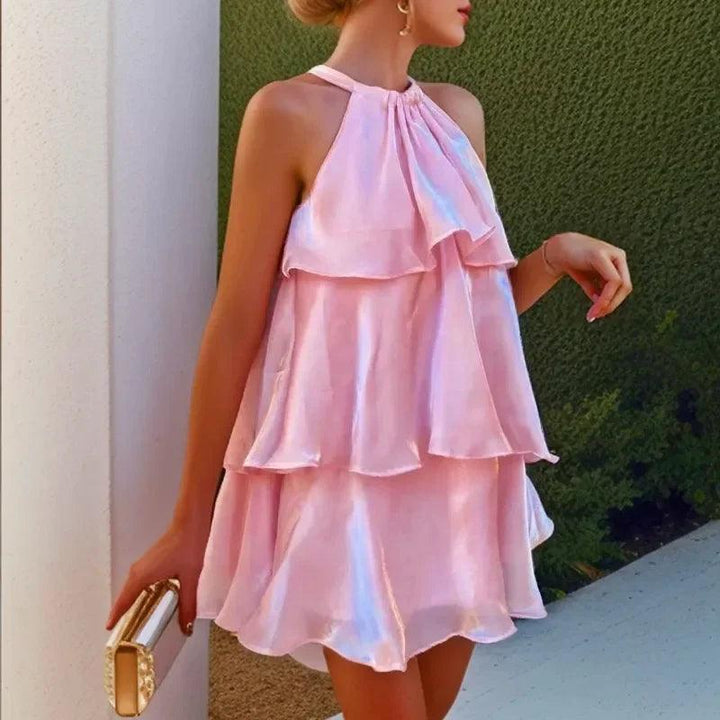 SKinny Mesh ruffled neck hanging dress for summer women Dresses 2024 New Solid SLeveness Loose Mini Sling Dress Woman-THAT FASHION STORE