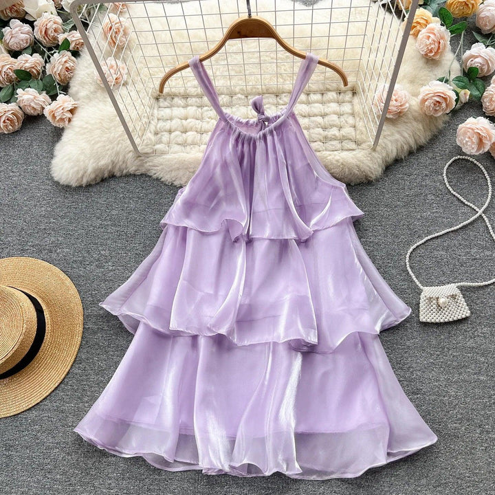 SKinny Mesh ruffled neck hanging dress for summer women Dresses 2024 New Solid SLeveness Loose Mini Sling Dress Woman-THAT FASHION STORE