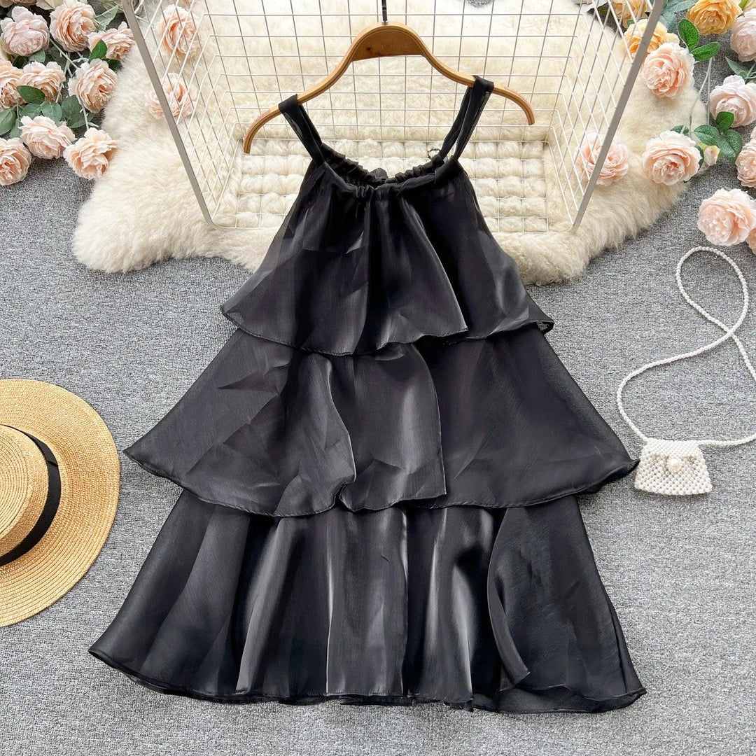 SKinny Mesh ruffled neck hanging dress for summer women Dresses 2024 New Solid SLeveness Loose Mini Sling Dress Woman-THAT FASHION STORE