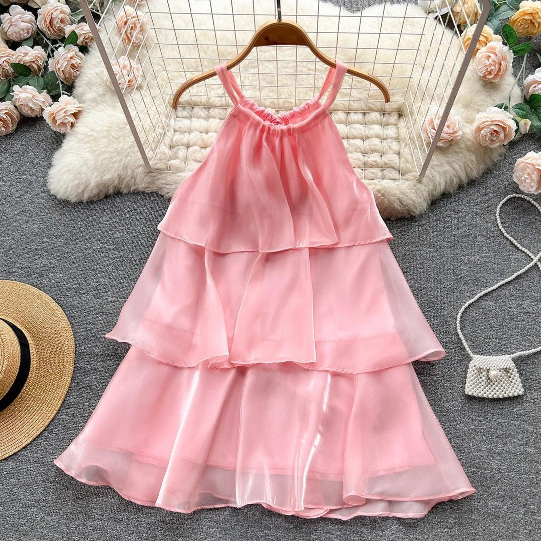 SKinny Mesh ruffled neck hanging dress for summer women Dresses 2024 New Solid SLeveness Loose Mini Sling Dress Woman-THAT FASHION STORE