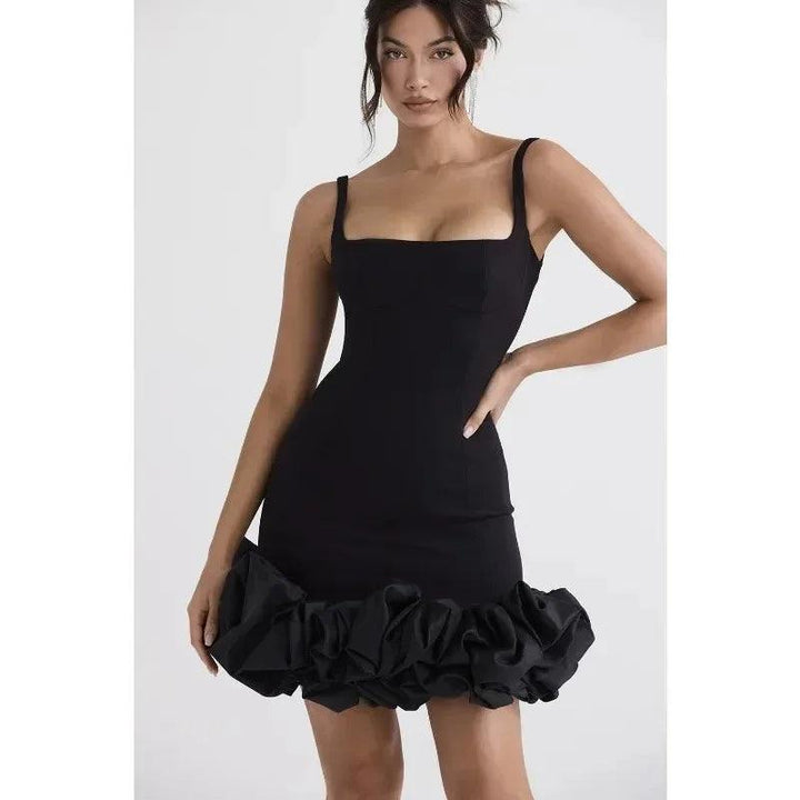 Solid Ruffles Bodycon Mini Party Dress Women Sexy Spaghetti Strap Sleeveless Zipper High Waist Hips Wrapped Elegant Dresses-THAT FASHION STORE