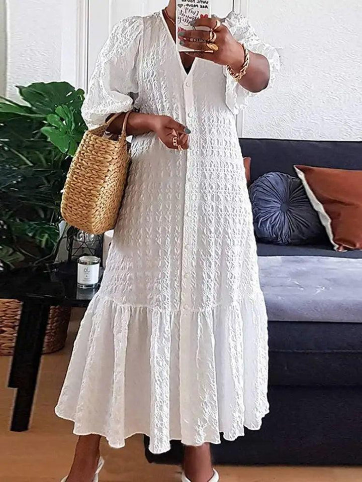 Summer Dress 2023 VONDA Women Casual Loose Solid Color Robe Femme Summer V Neck Puff Sleeve Stylish Maxi Sundress-THAT FASHION STORE