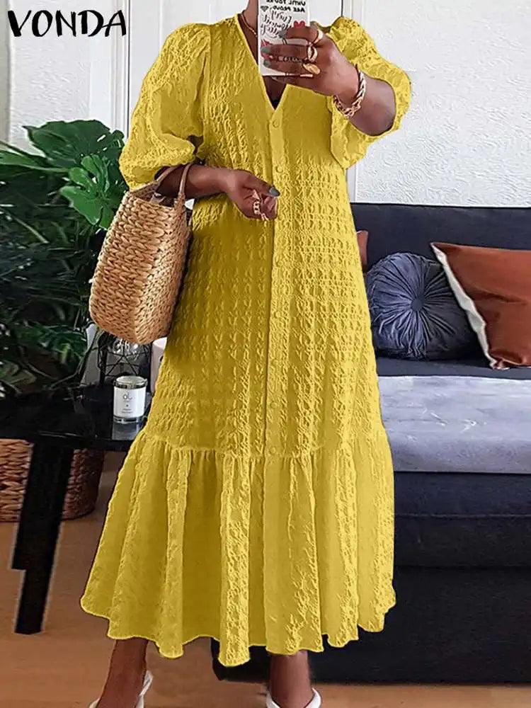 Summer Dress 2023 VONDA Women Casual Loose Solid Color Robe Femme Summer V Neck Puff Sleeve Stylish Maxi Sundress-THAT FASHION STORE