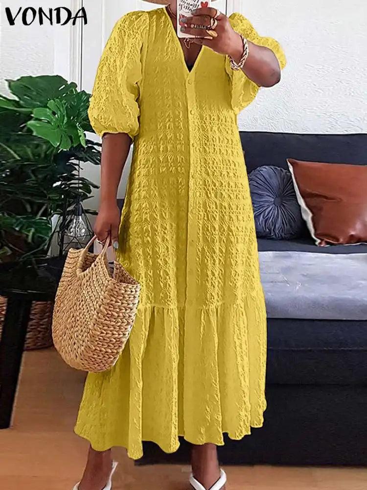 Summer Dress 2023 VONDA Women Casual Loose Solid Color Robe Femme Summer V Neck Puff Sleeve Stylish Maxi Sundress-THAT FASHION STORE