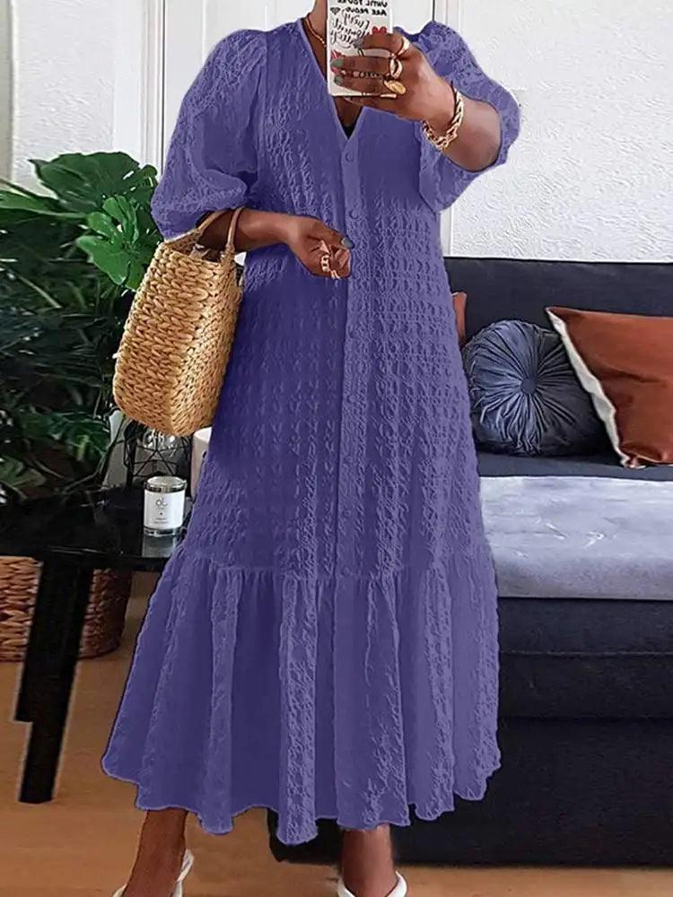 Summer Dress 2023 VONDA Women Casual Loose Solid Color Robe Femme Summer V Neck Puff Sleeve Stylish Maxi Sundress-THAT FASHION STORE