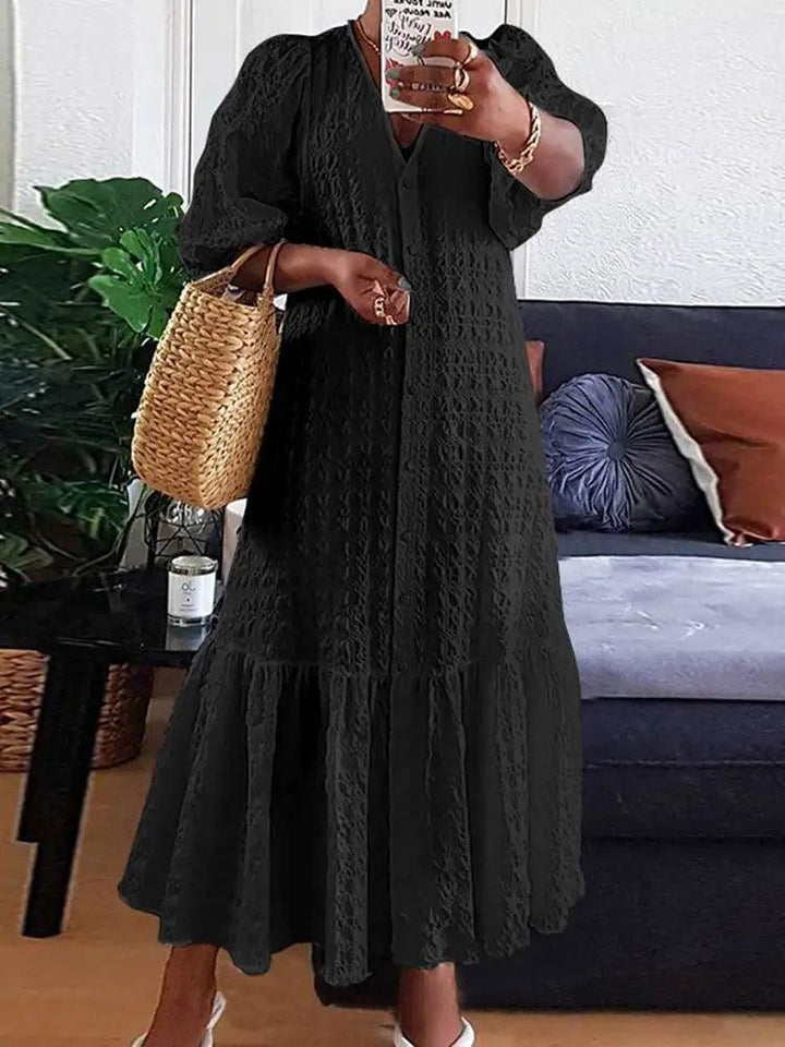 Summer Dress 2023 VONDA Women Casual Loose Solid Color Robe Femme Summer V Neck Puff Sleeve Stylish Maxi Sundress-THAT FASHION STORE