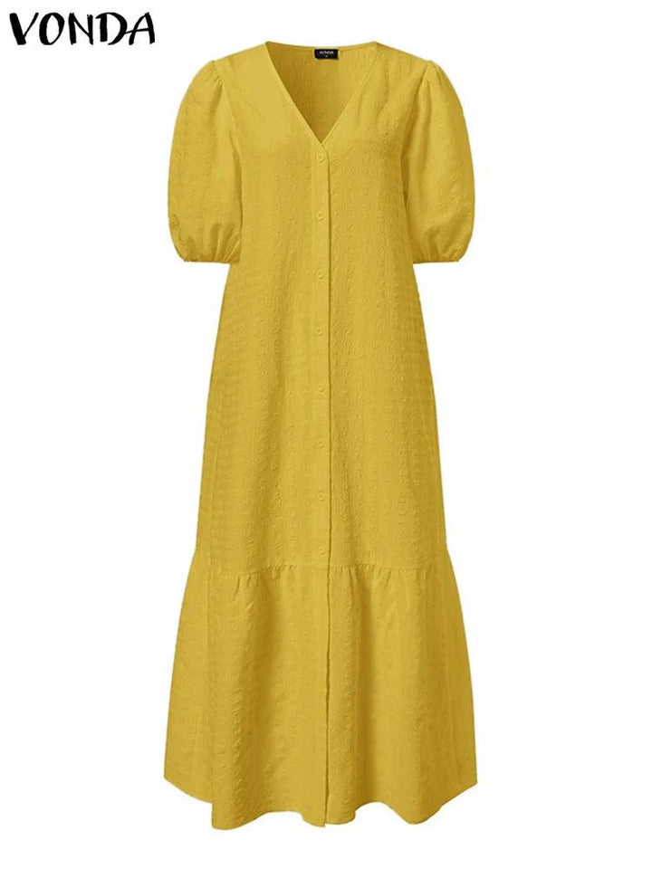 Summer Dress 2023 VONDA Women Casual Loose Solid Color Robe Femme Summer V Neck Puff Sleeve Stylish Maxi Sundress-THAT FASHION STORE