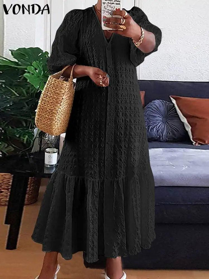 Summer Dress 2023 VONDA Women Casual Loose Solid Color Robe Femme Summer V Neck Puff Sleeve Stylish Maxi Sundress-THAT FASHION STORE