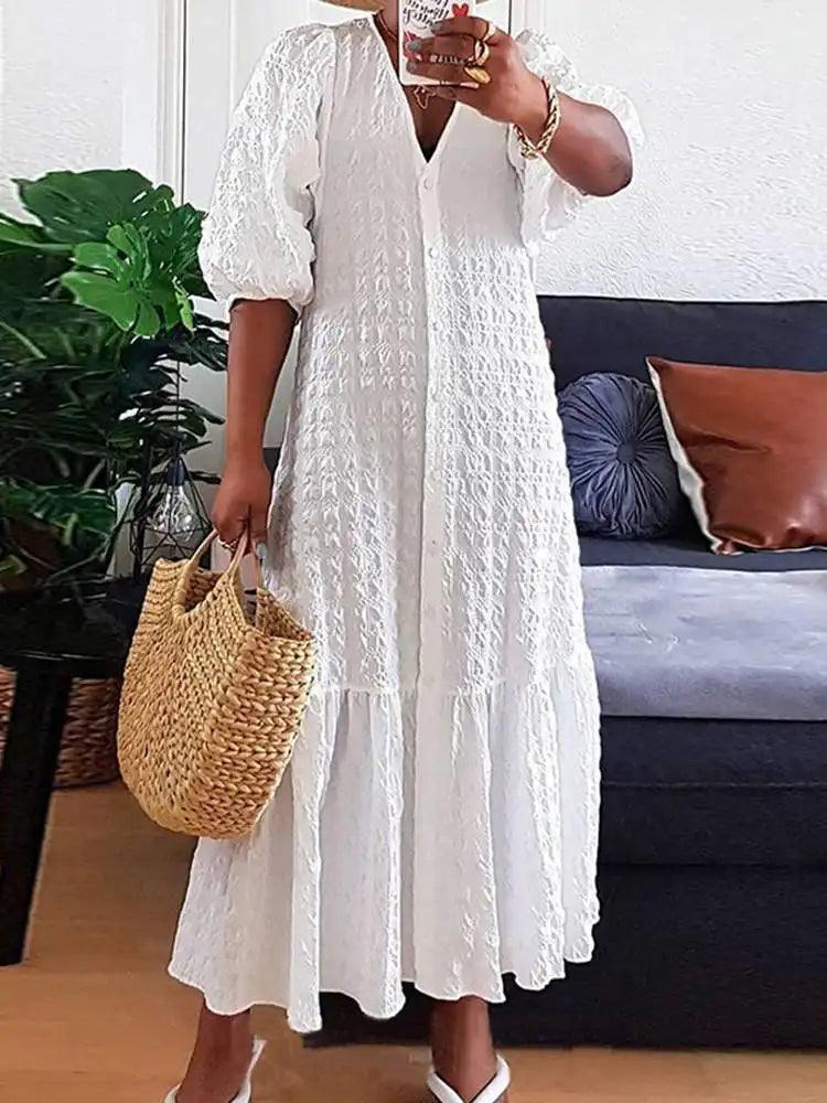 Summer Dress 2023 VONDA Women Casual Loose Solid Color Robe Femme Summer V Neck Puff Sleeve Stylish Maxi Sundress-THAT FASHION STORE