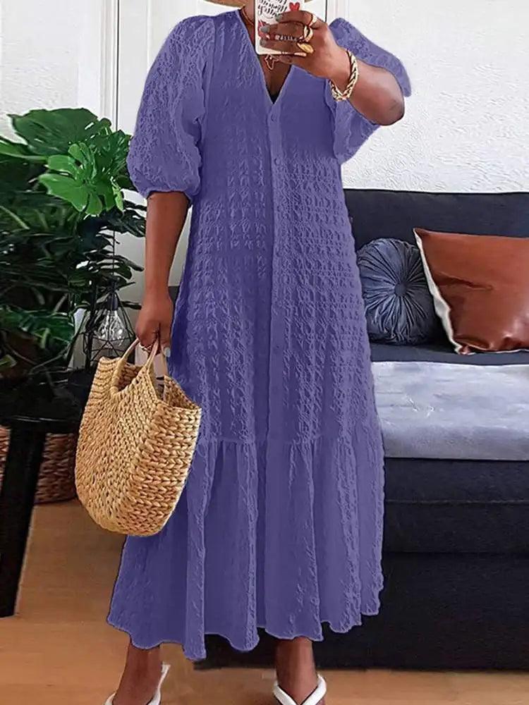 Summer Dress 2023 VONDA Women Casual Loose Solid Color Robe Femme Summer V Neck Puff Sleeve Stylish Maxi Sundress-THAT FASHION STORE