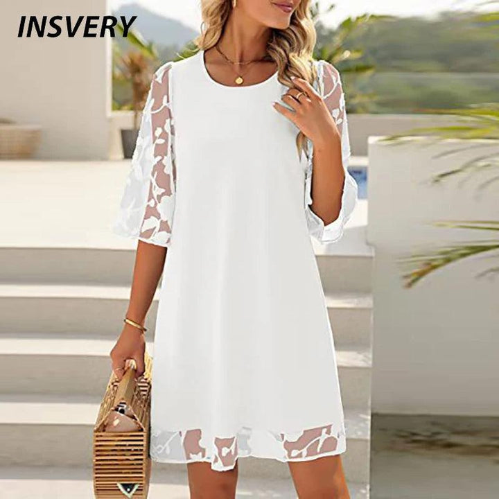 Summer Elegant Dresses For Women O Neck Half Sleeve Lace Patchwork Casual Mini Dress Women Beach Holiday Dress White-THAT FASHION STORE