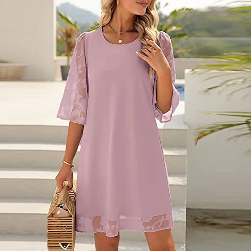 Summer Elegant Dresses For Women O Neck Half Sleeve Lace Patchwork Casual Mini Dress Women Beach Holiday Dress White-THAT FASHION STORE