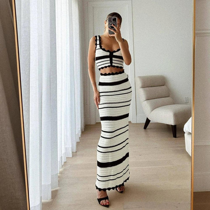 Summer Knitted Beach Skirt Sets Women Sexy Backless Slim Bohemian Outfits Fashion Striped Holiday Two Piece Matching Set 2024-THAT FASHION STORE