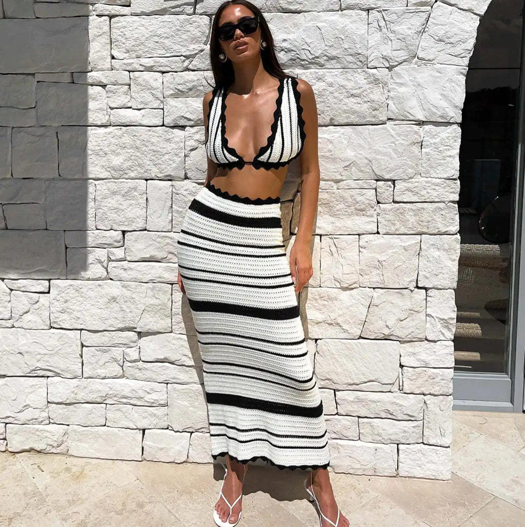 Summer Knitted Beach Skirt Sets Women Sexy Backless Slim Bohemian Outfits Fashion Striped Holiday Two Piece Matching Set 2024-THAT FASHION STORE